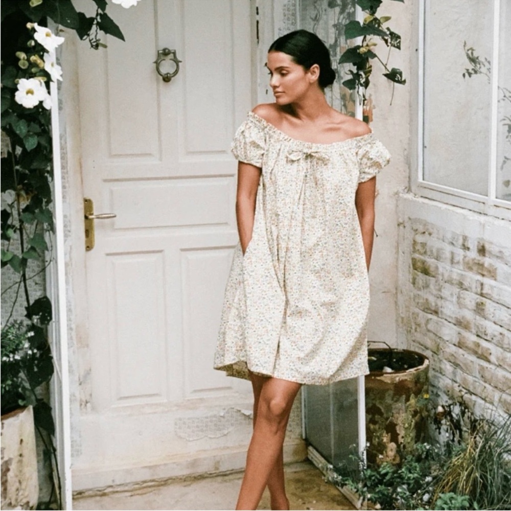 Piyama Floral Off-Shoulder Smock Dress in Cream with Tiny Multicolor Blossoms